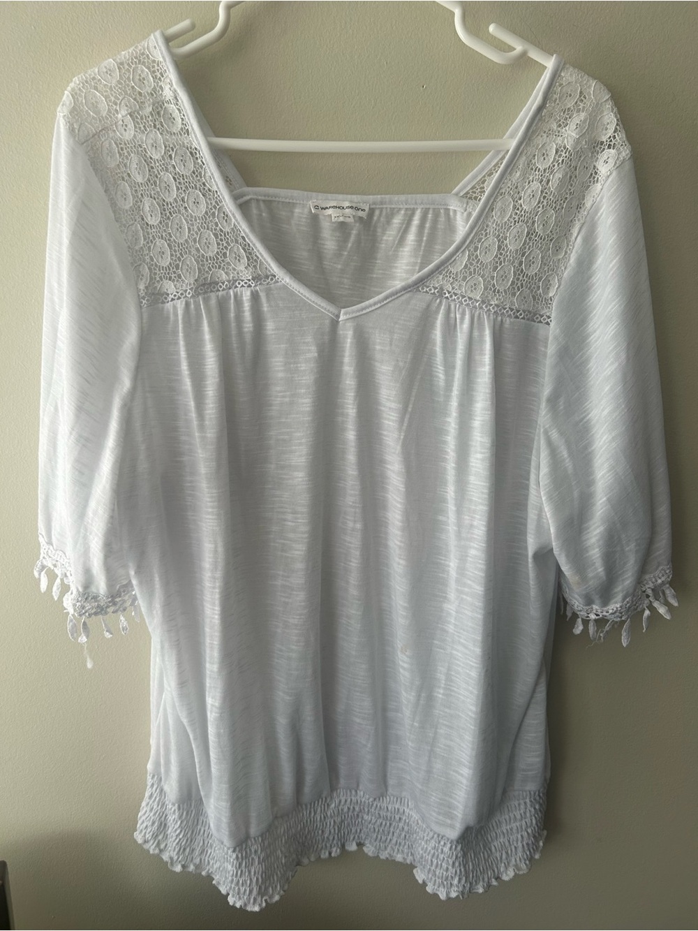 Warehouse White Lace-Yoke Peasant Top